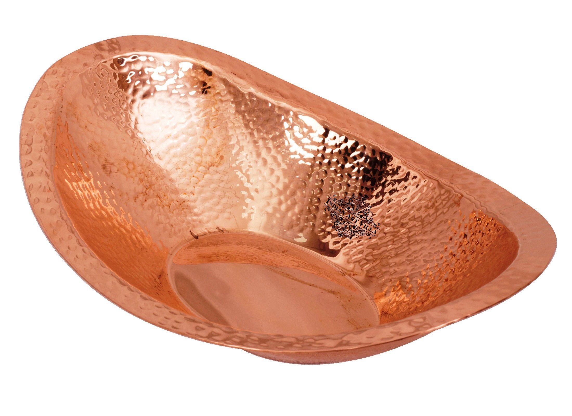 Pure copper hammered design oval bread basket, 350ml
